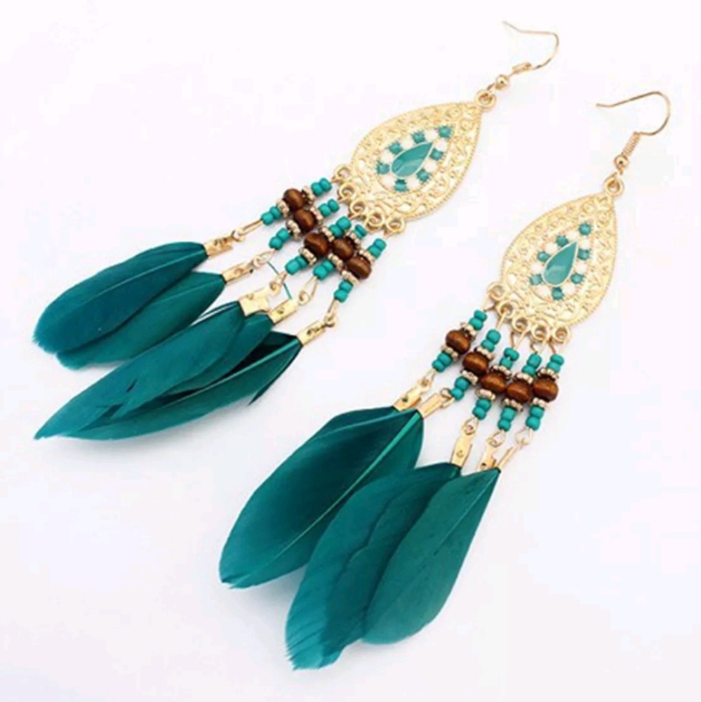 Teal blue feather medallion dangle earrings